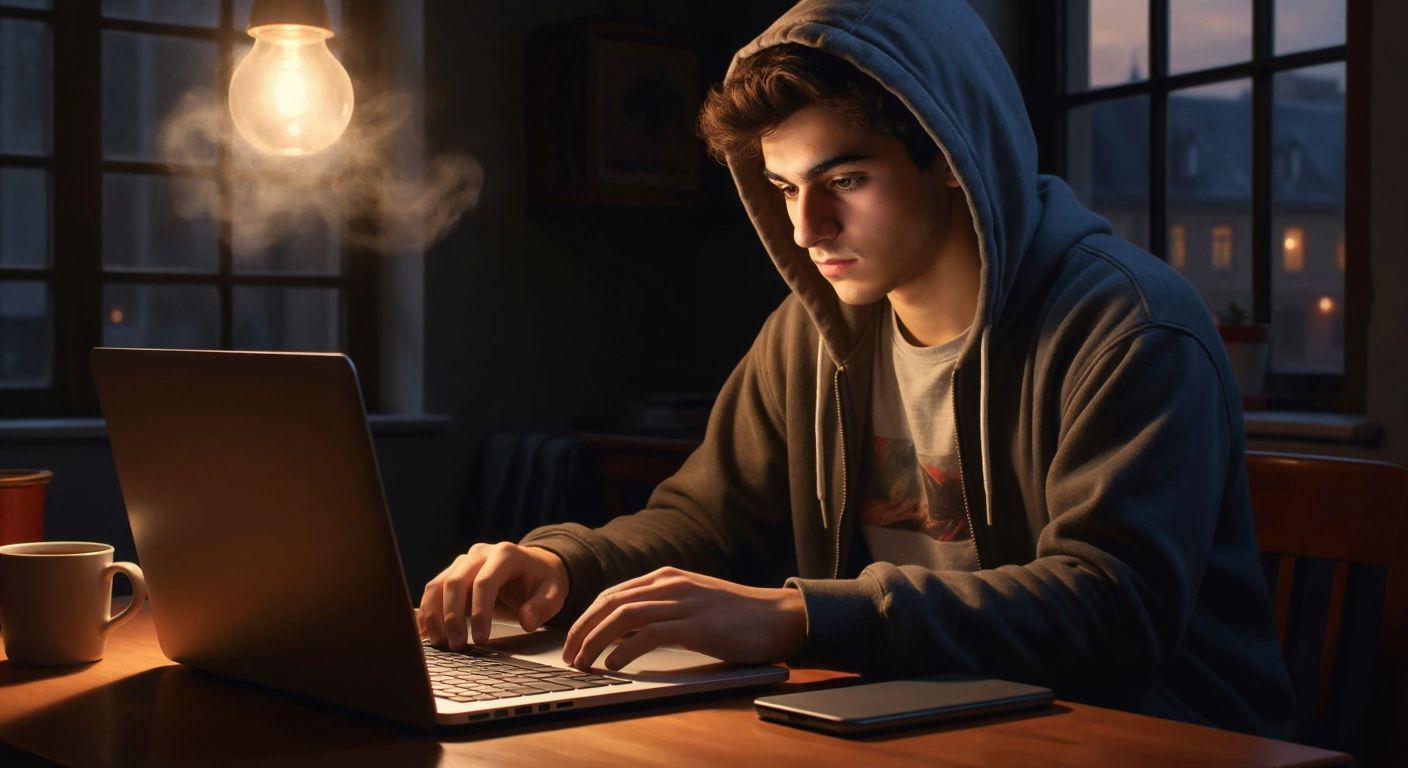 A young Turkish student in a university hoodie sits at a wooden desk, intently typing on a laptop with a steaming cup of çay beside them, while a faint glow from the screen illuminates their focused expression.
