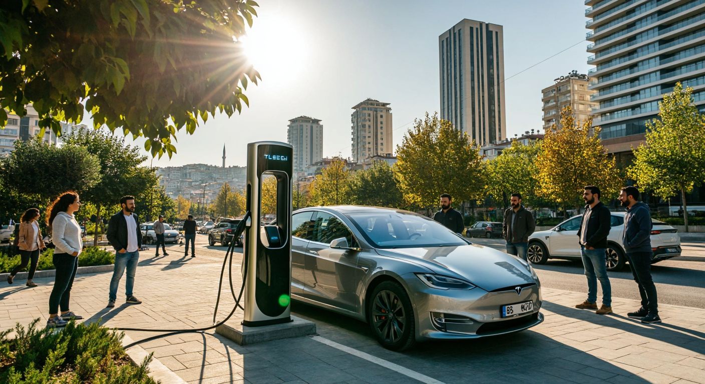 A sleek electric vehicle charging station under a bright sun, set against a modern Turkish cityscape with people in casual attire observing the technology with curiosity.