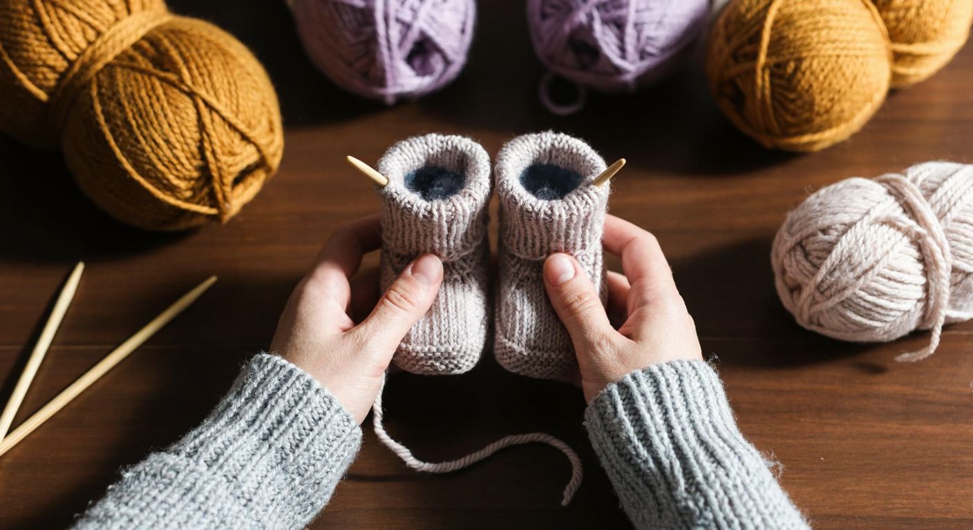A pair of hands knitting a soft, single-color baby bootie with wooden needles, surrounded by balls of yarn in warm tones, set on a cozy wooden table in a sunlit Turkish home.