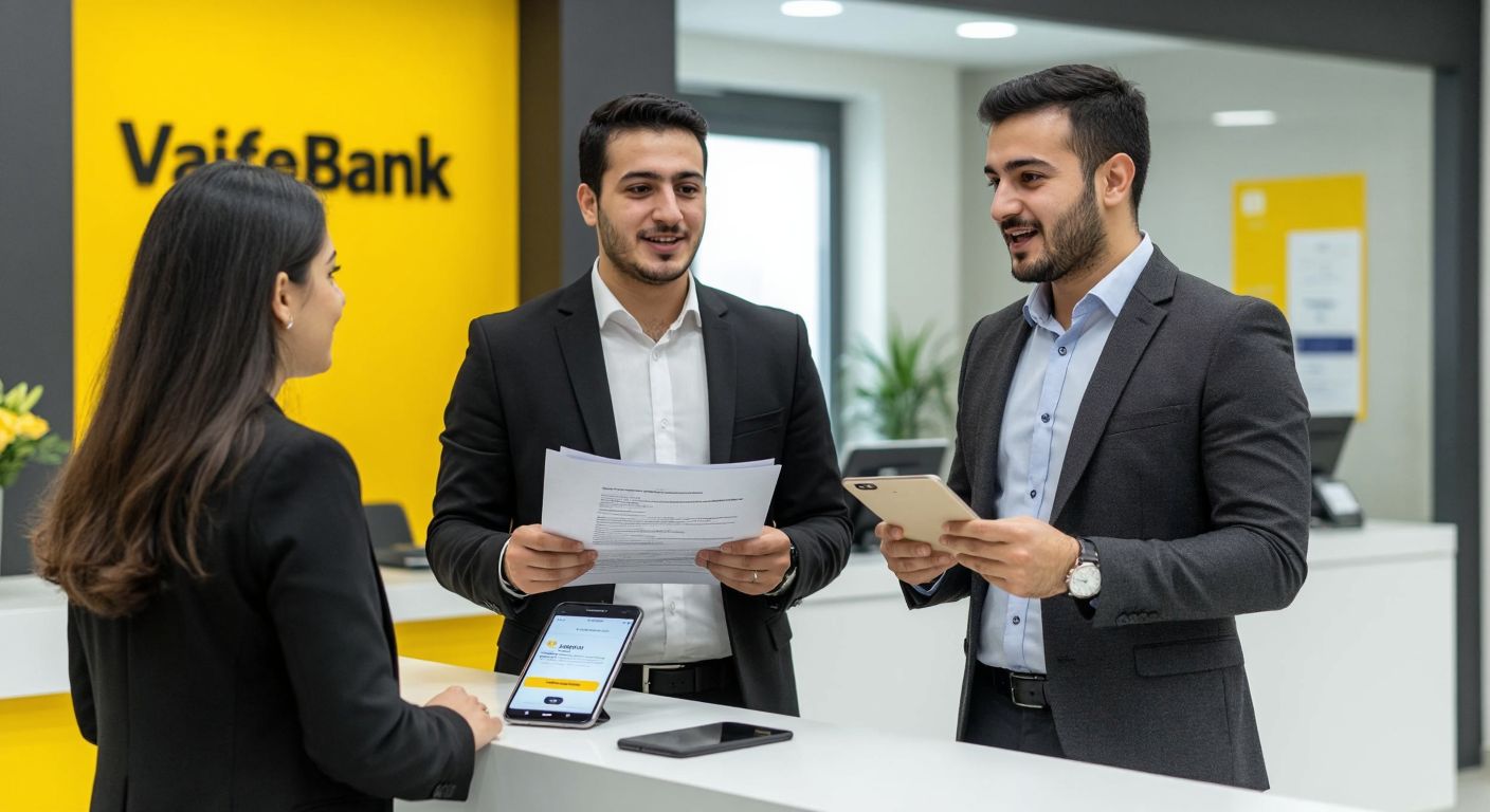 A well-dressed Turkish customer confidently speaking with a bank employee at a VakıfBank branch, holding documents while a smartphone displaying the bank's app rests on the counter between them.