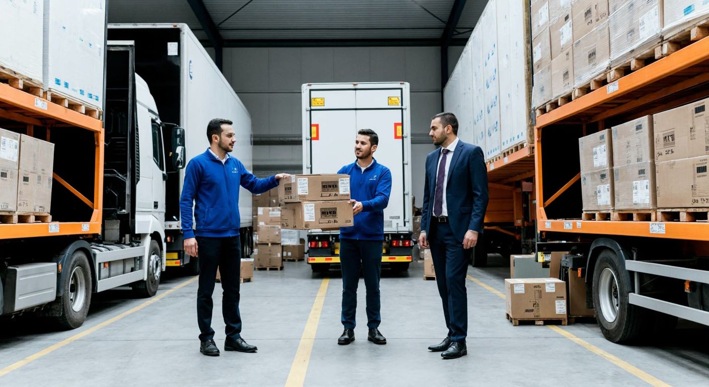 A bustling Turkish logistics warehouse with workers in blue uniforms loading packages onto trucks, overseen by two confident businessmen in suits representing the Çak brothers.