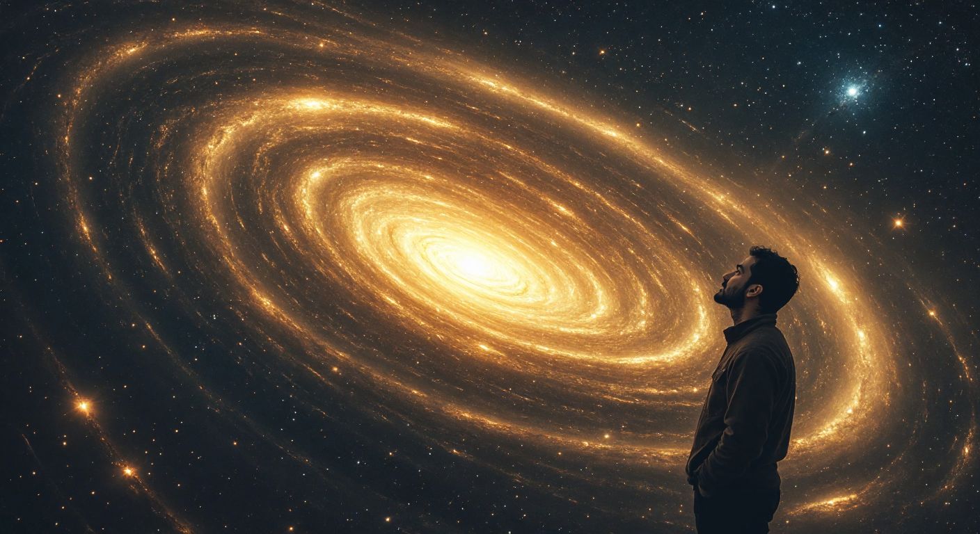 A vast, swirling cosmic void with faint, glowing filaments of energy, hinting at the unknown mysteries before the Big Bang, while a Turkish astronomer gazes upward in deep contemplation under a starry night sky.