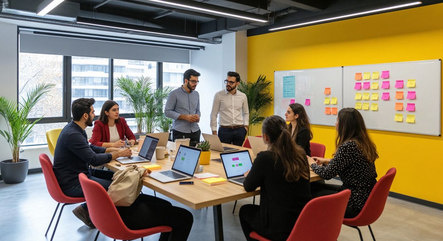 A bustling Istanbul office with diverse professionals collaborating around a sleek table, discussing marketing strategies with laptops, colorful product mockups, and a whiteboard covered in sticky notes.