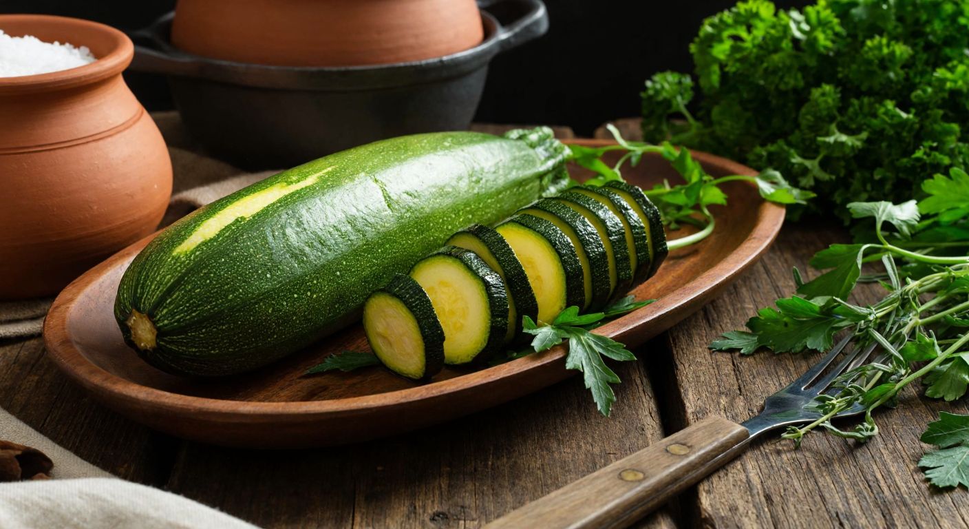 A rustic wooden table in a Turkish kitchen holds a vibrant green zucchini with its skin peeled into thin strips, surrounded by fresh herbs and a clay pot simmering over a low flame.