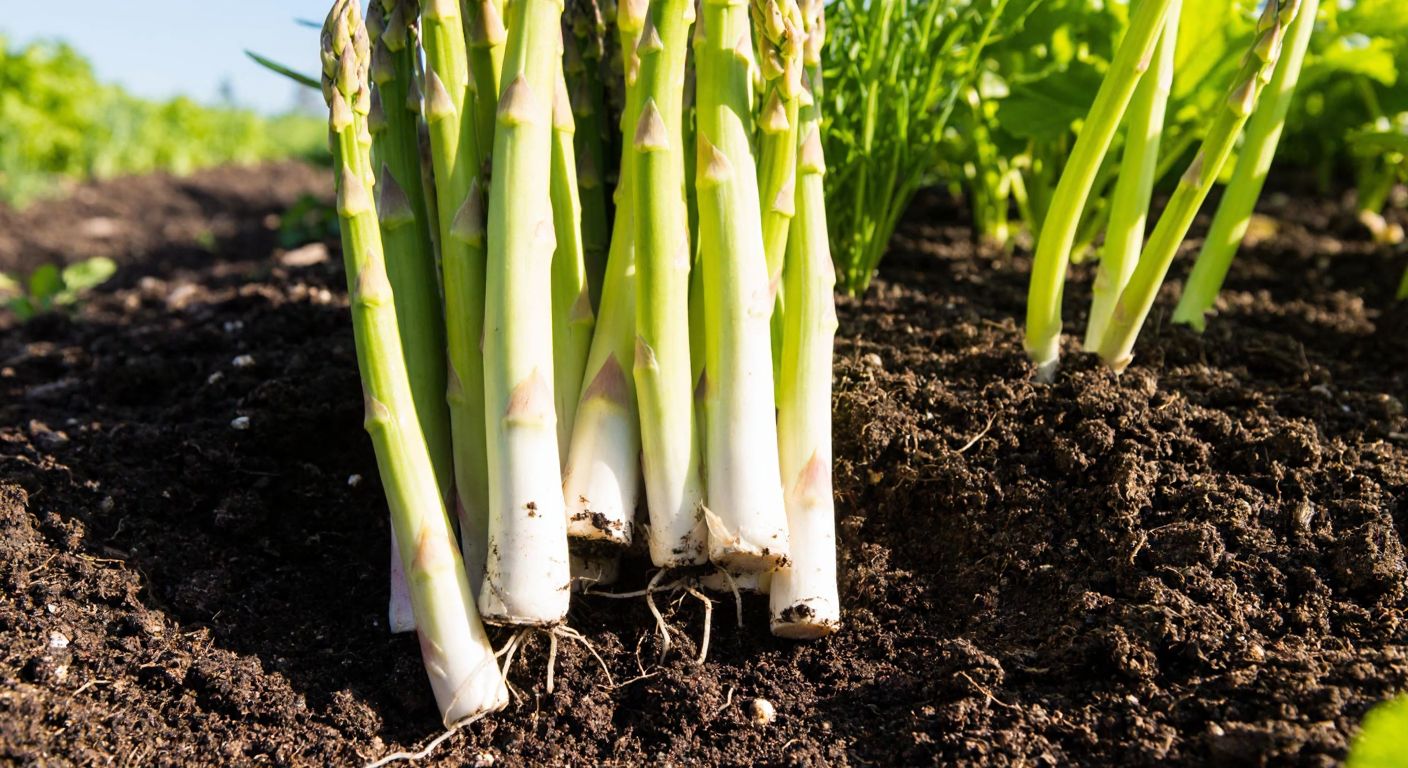 A close-up of fresh asparagus spears emerging from dark, rich soil, with their thick, white rhizome roots partially exposed, set against a sunlit Turkish vegetable garden.