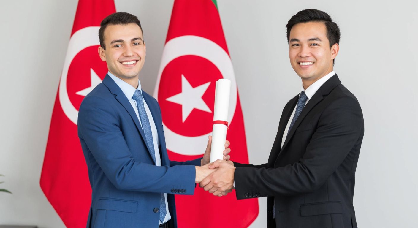A smiling young adult in a professional setting proudly holds up a rolled certificate while shaking hands with a well-dressed employer in front of a Turkish flag, symbolizing career advancement through vocational education.