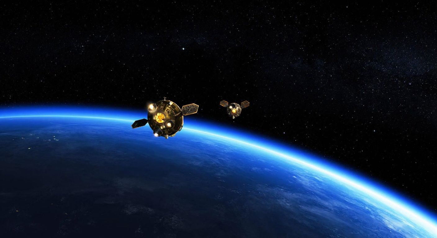 A dark, starry expanse with two tiny, golden spacecraft drifting endlessly away from a distant, glowing blue Earth, symbolizing their eternal journey through the cosmos.