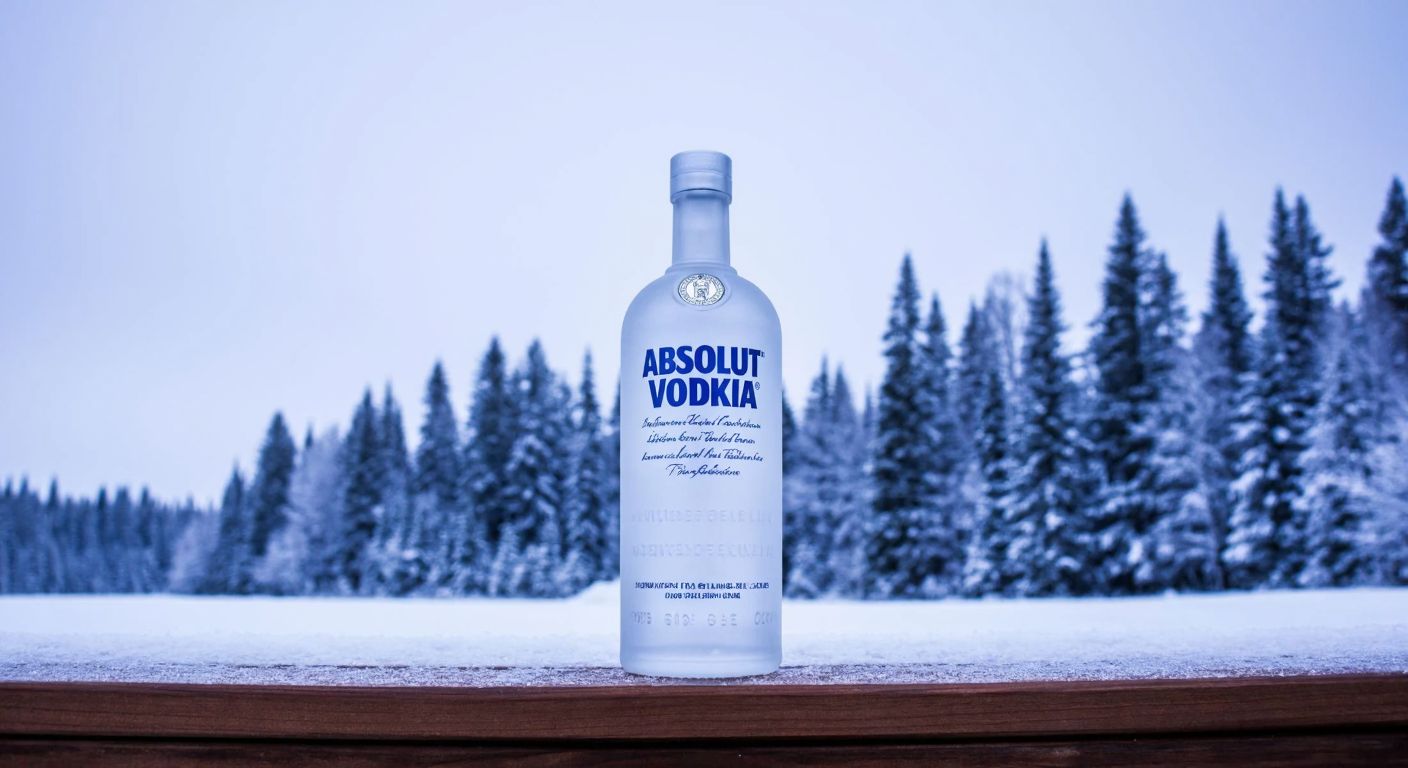 A sleek, frost-covered glass bottle of Absolut vodka resting on a wooden table with a backdrop of snowy Swedish pine forests under a pale blue sky.