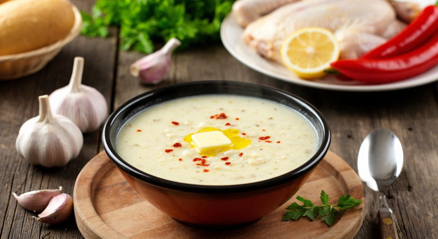 A steaming bowl of creamy *yalancı işkembe* soup sits on a rustic wooden table, garnished with melted butter and red pepper flakes, surrounded by fresh ingredients like chicken, garlic, and lemons in a cozy Turkish kitchen.