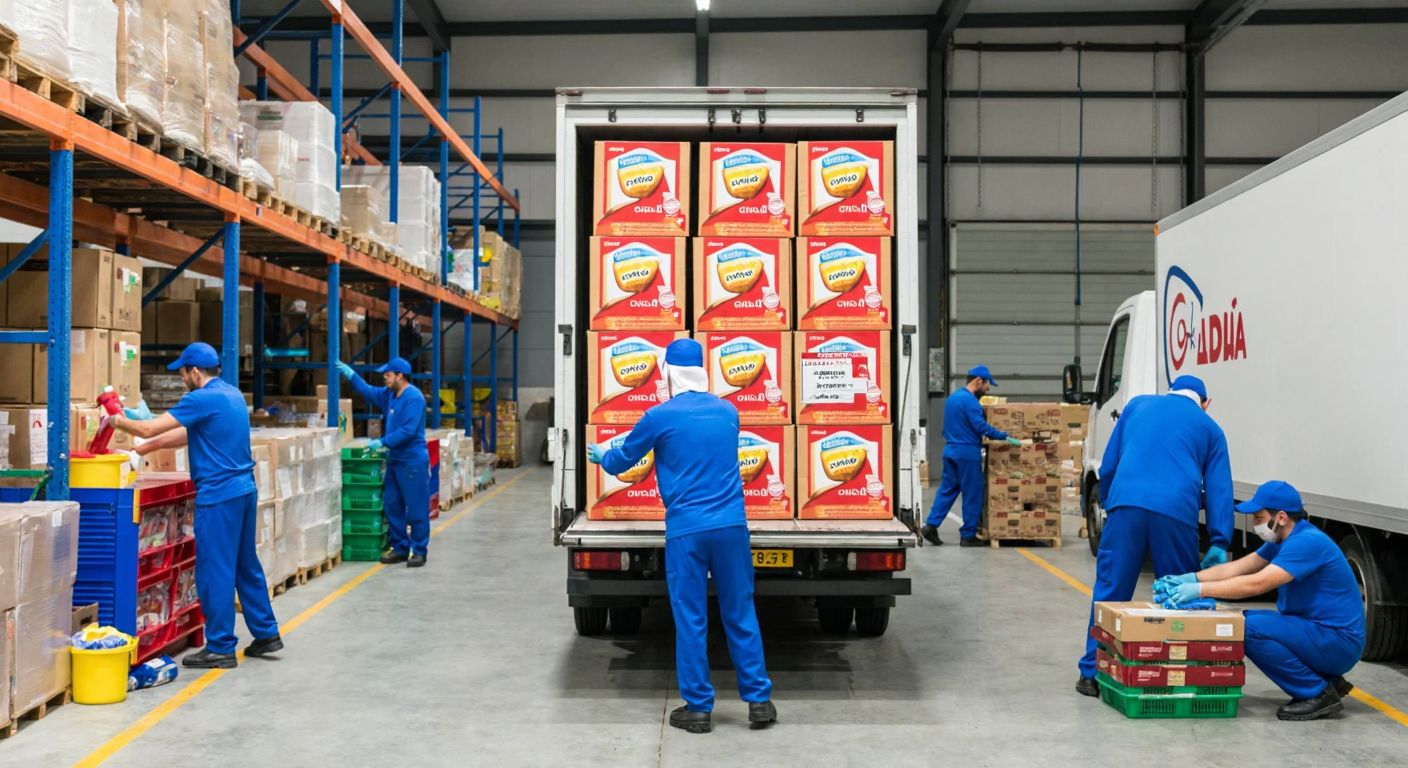 A bustling warehouse in Edirne with workers in blue uniforms stacking boxes of food and cleaning supplies, while a cheerful delivery truck loaded with Algida ice cream packages stands ready outside.