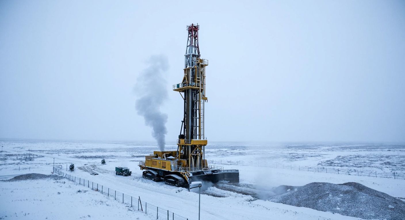A towering industrial drill rig under a cold, overcast sky, surrounded by snow-covered Russian tundra, with steam rising from the deep borehole.