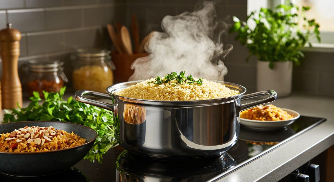 A gleaming stainless steel pot with a transparent lid sits on a stove, filled with fluffy golden rice grains, steam rising gently, surrounded by fresh herbs and a bowl of Turkish-style pilaf garnished with toasted almonds.