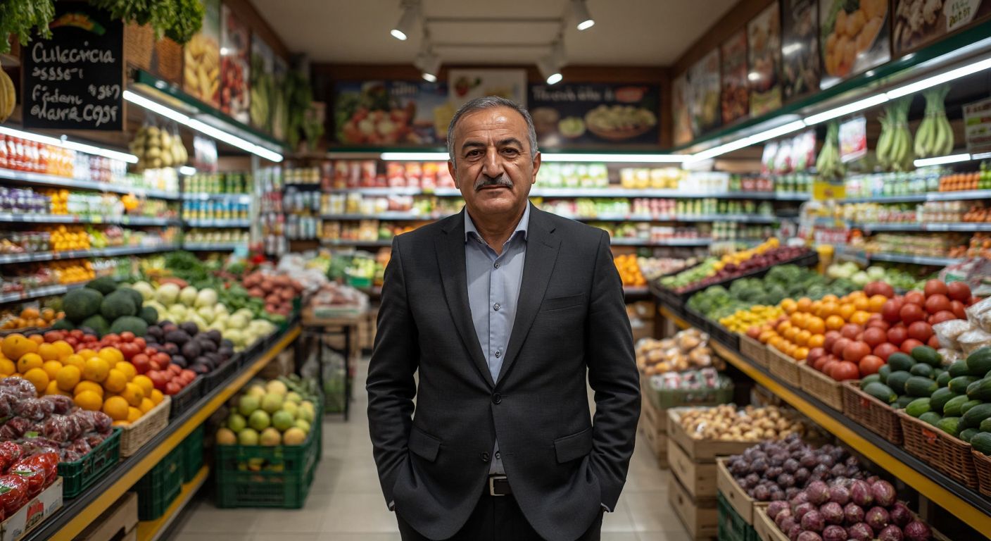 A middle-aged Turkish man in a crisp suit stands proudly in front of a bustling supermarket filled with colorful produce and local products, exuding confidence and warmth.
