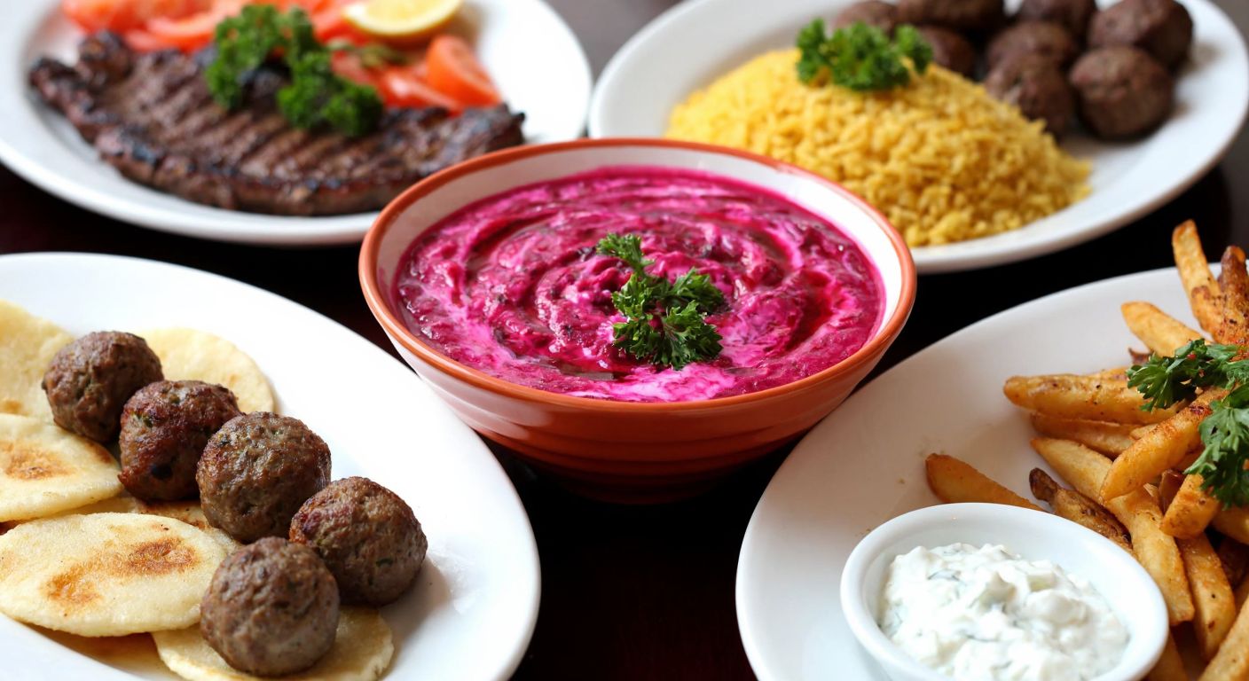 A vibrant Turkish dining table with a bowl of creamy pink beetroot yogurt salad, surrounded by plates of grilled meat, golden rice with beans, crispy fries with meatballs, and a side of fresh cacık, evoking warmth and hearty flavors.
