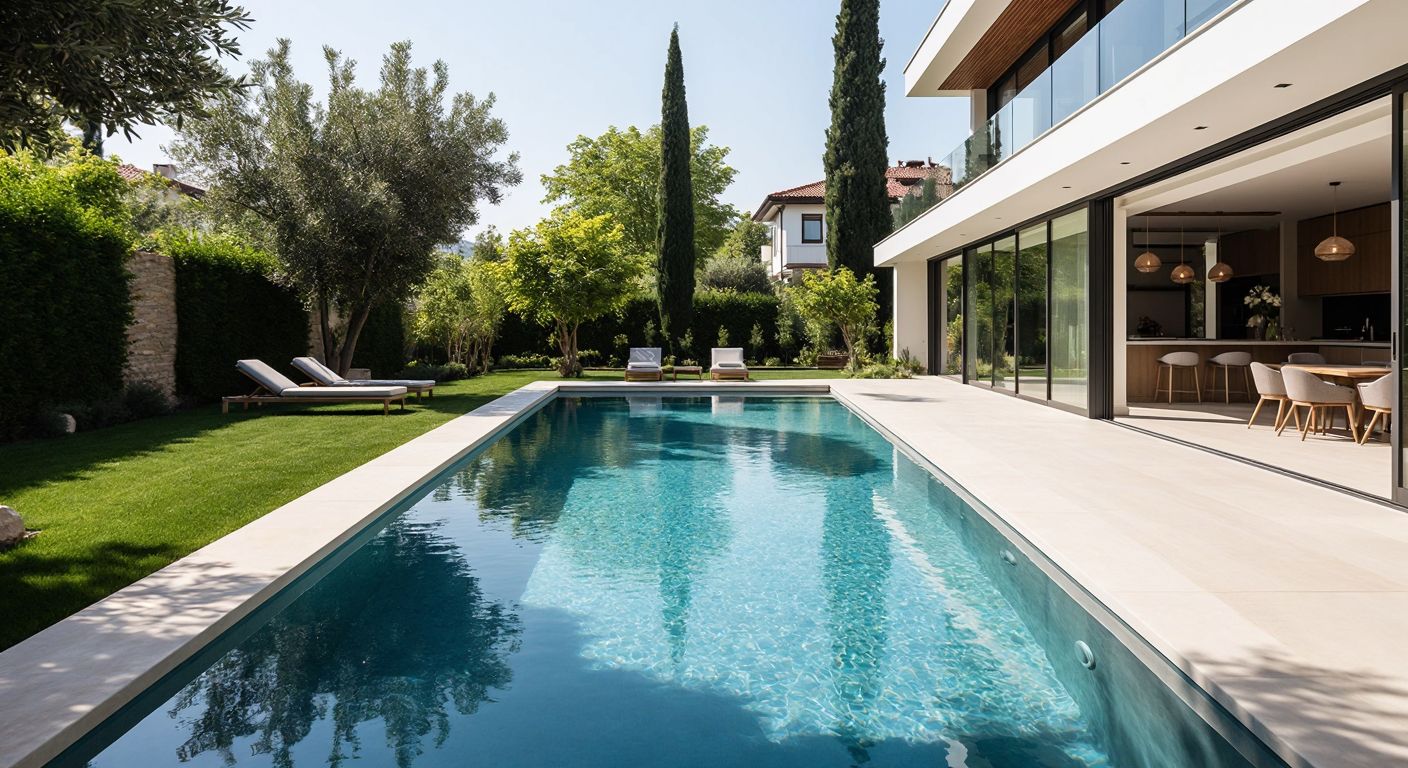 A sunlit Turkish garden with two contrasting swimming pools side by side—one sleek and modern with a smooth overflow edge (taşmalı) and the other simpler with a visible skimmer box (skimmerli)—while a relaxed homeowner stands between them, thoughtfully comparing their designs.