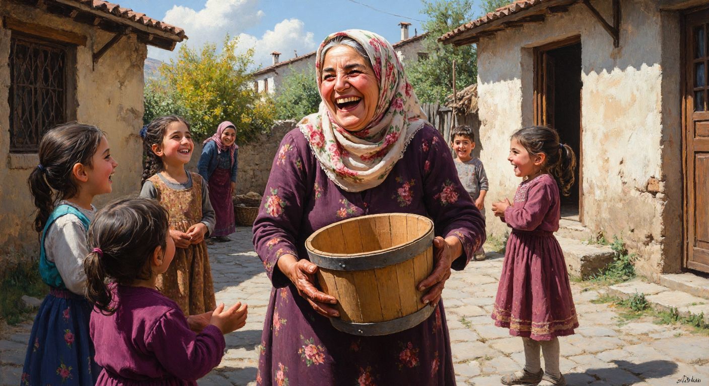 A cheerful Turkish grandmother in a floral headscarf laughs while holding a wooden bucket with a hole, surrounded by children giggling at riddles in a sunlit village courtyard.