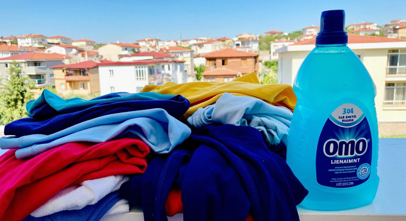 A vibrant pile of colorful cotton and polyester clothing, freshly washed and neatly folded, with a bright blue Omo detergent bottle placed beside them on a sunny balcony overlooking a Turkish neighborhood.