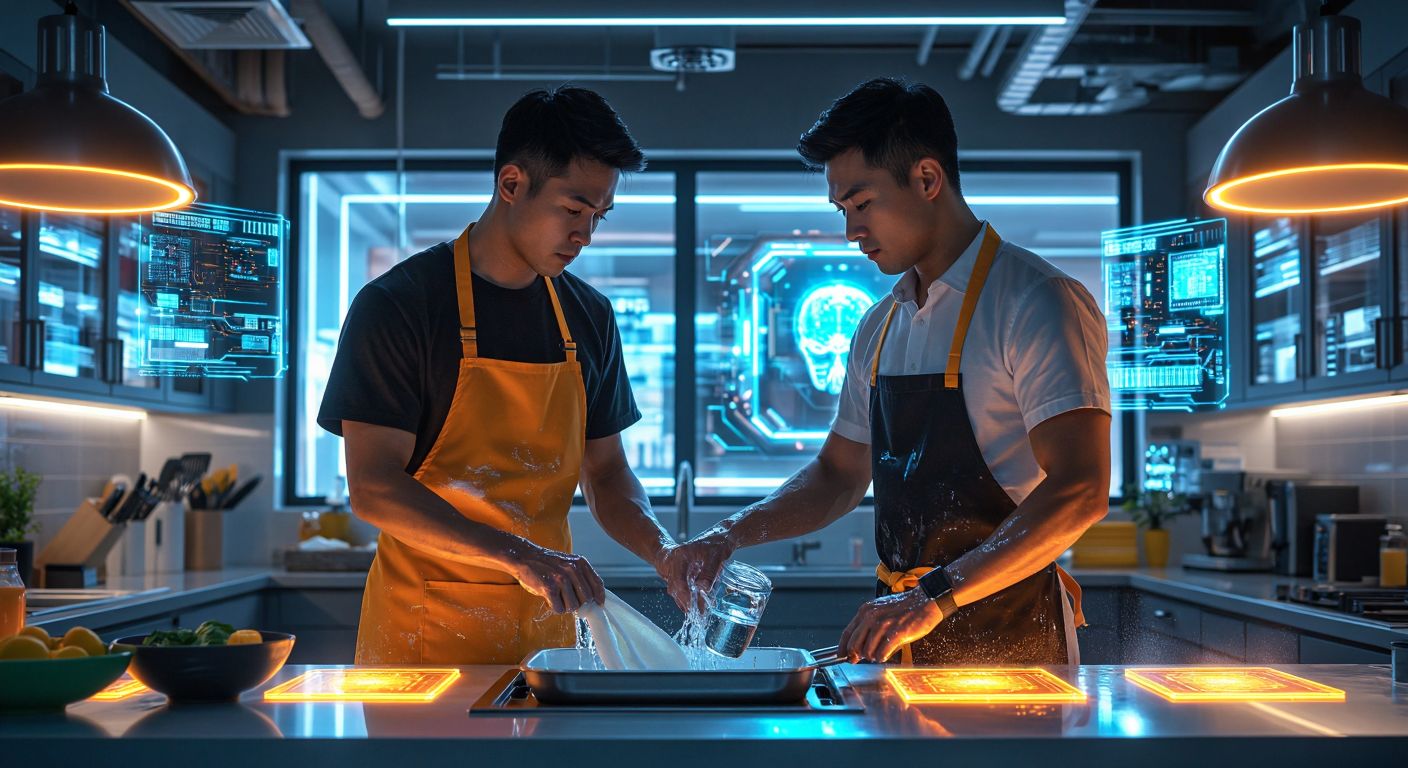 A determined young Asian man in a Denny's apron washing dishes, transitioning into a confident CEO in a sleek office, surrounded by glowing computer chips and futuristic AI visuals.