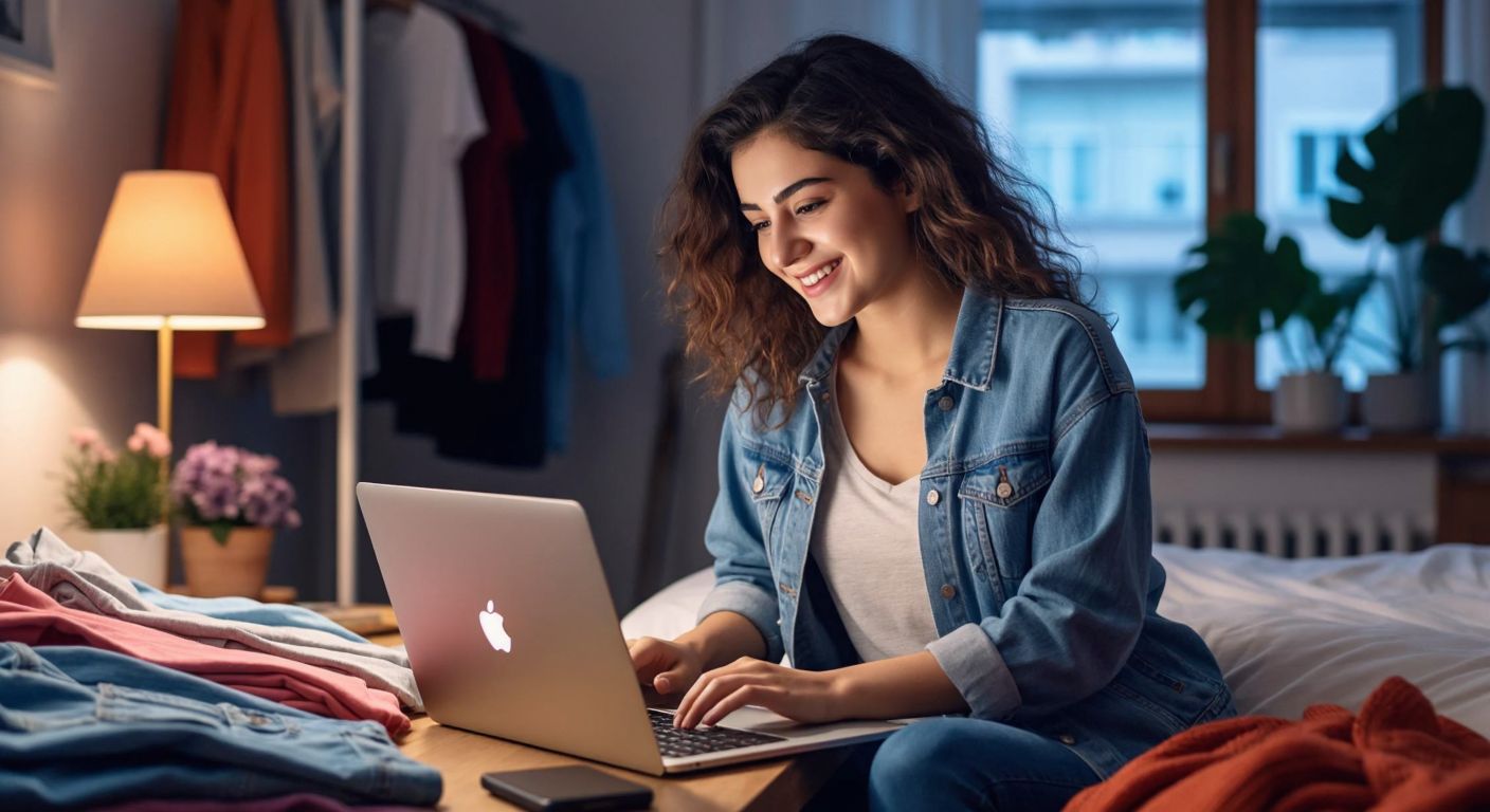 A young Turkish woman in a cozy home setting, smiling while browsing colorful clothing items on a laptop screen, with a neatly folded Mavi denim jacket beside her.