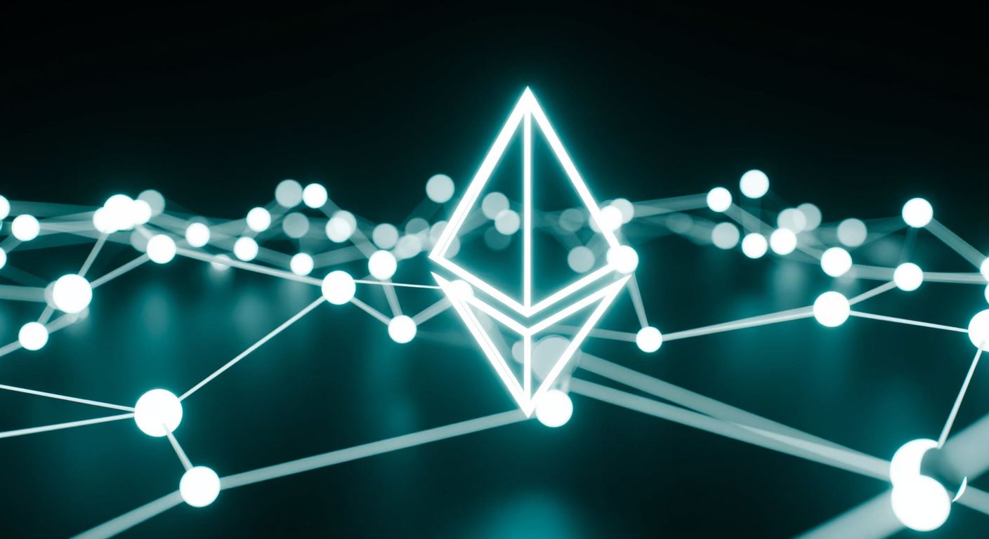 A glowing, abstract digital network with interconnected nodes floating in a dark void, symbolizing Ethereum's decentralized nature, with no flags or national symbols present.