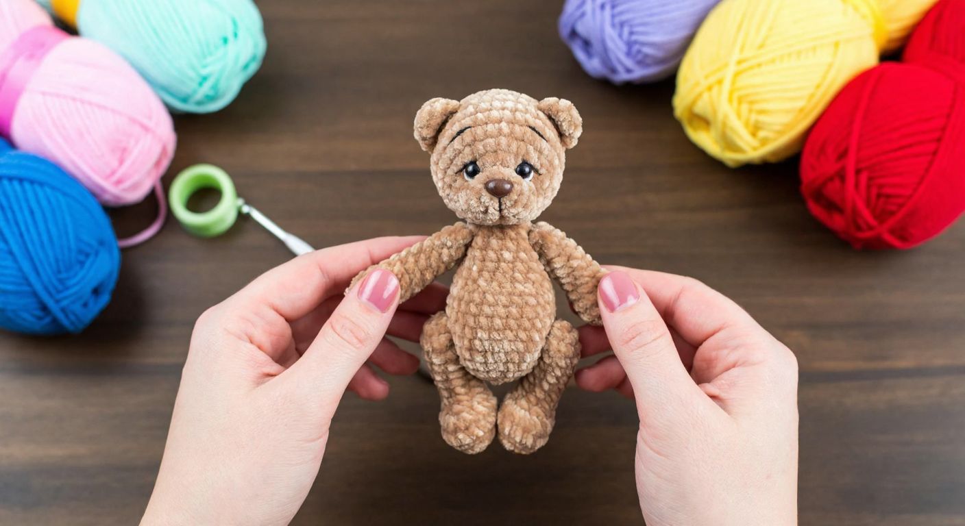 A pair of hands holding a crochet hook and soft brown yarn, carefully crafting a small, plush teddy bear on a wooden table with colorful skeins of yarn scattered around.