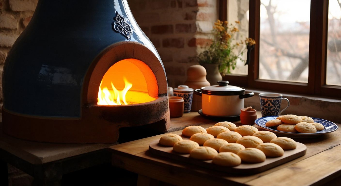 A traditional Turkish ceramic kiln glowing orange with heat, surrounded by delicate, hand-painted çini tiles and freshly baked çini biscuits cooling on a wooden table nearby.
