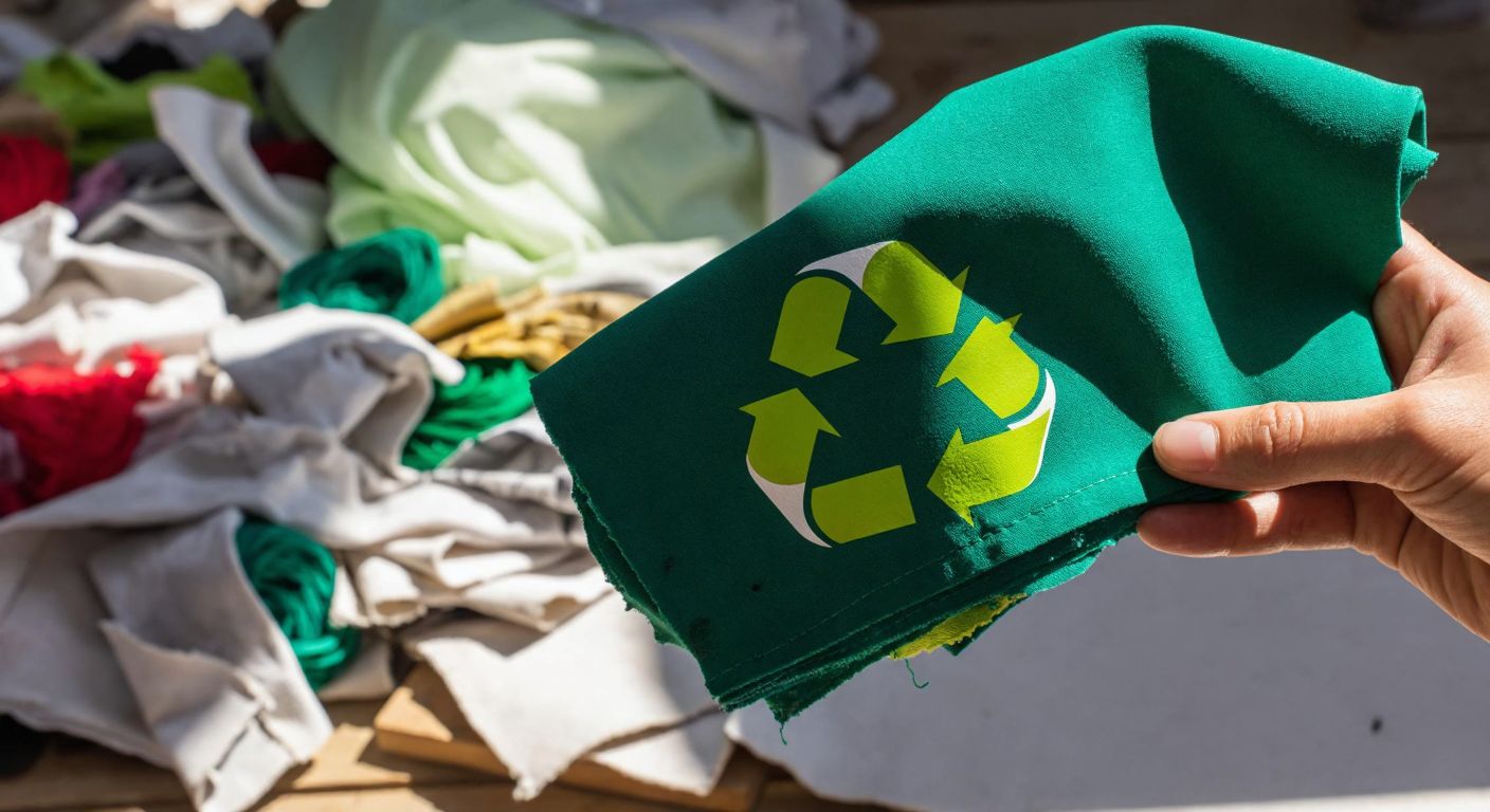 A hand holding a green fabric with a recycling symbol, surrounded by scattered textile scraps in a sunlit Turkish textile workshop.