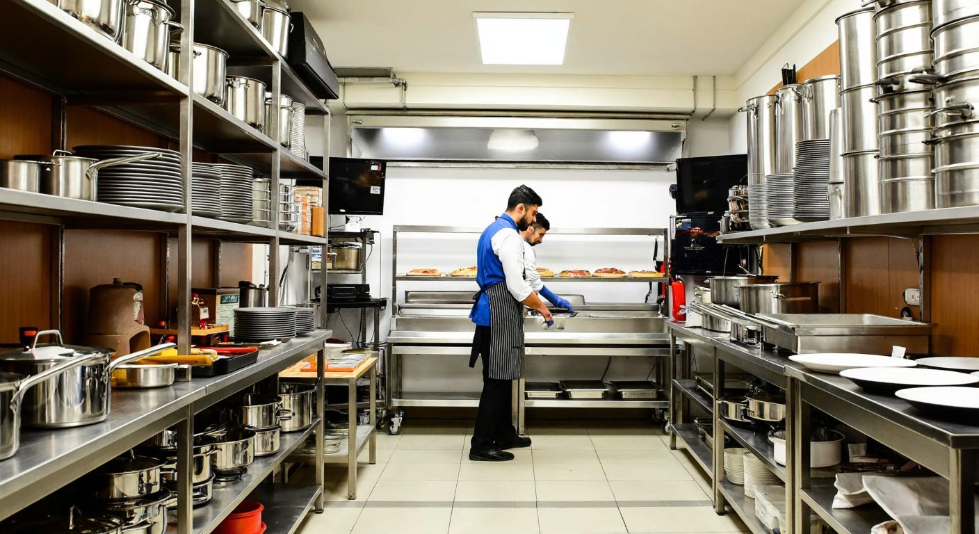 A bustling industrial kitchen supply store in Istanbul, filled with gleaming stainless steel pots, pizza baking racks, and buffet equipment neatly arranged on shelves, with a shopkeeper in an apron assisting a chef.