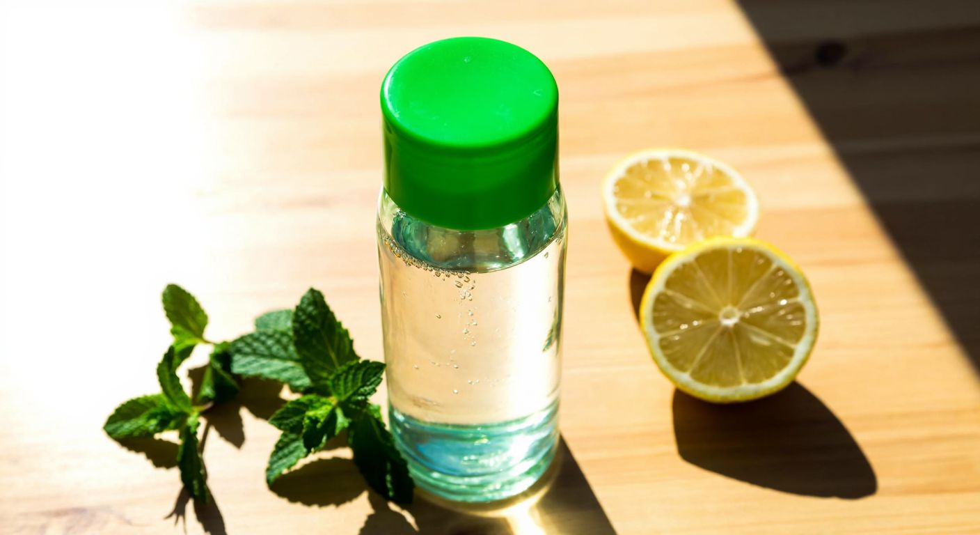 A clear glass bottle with a vibrant green cap sits on a sunlit wooden table, condensation glistening on its surface, surrounded by fresh mint leaves and slices of lemon.