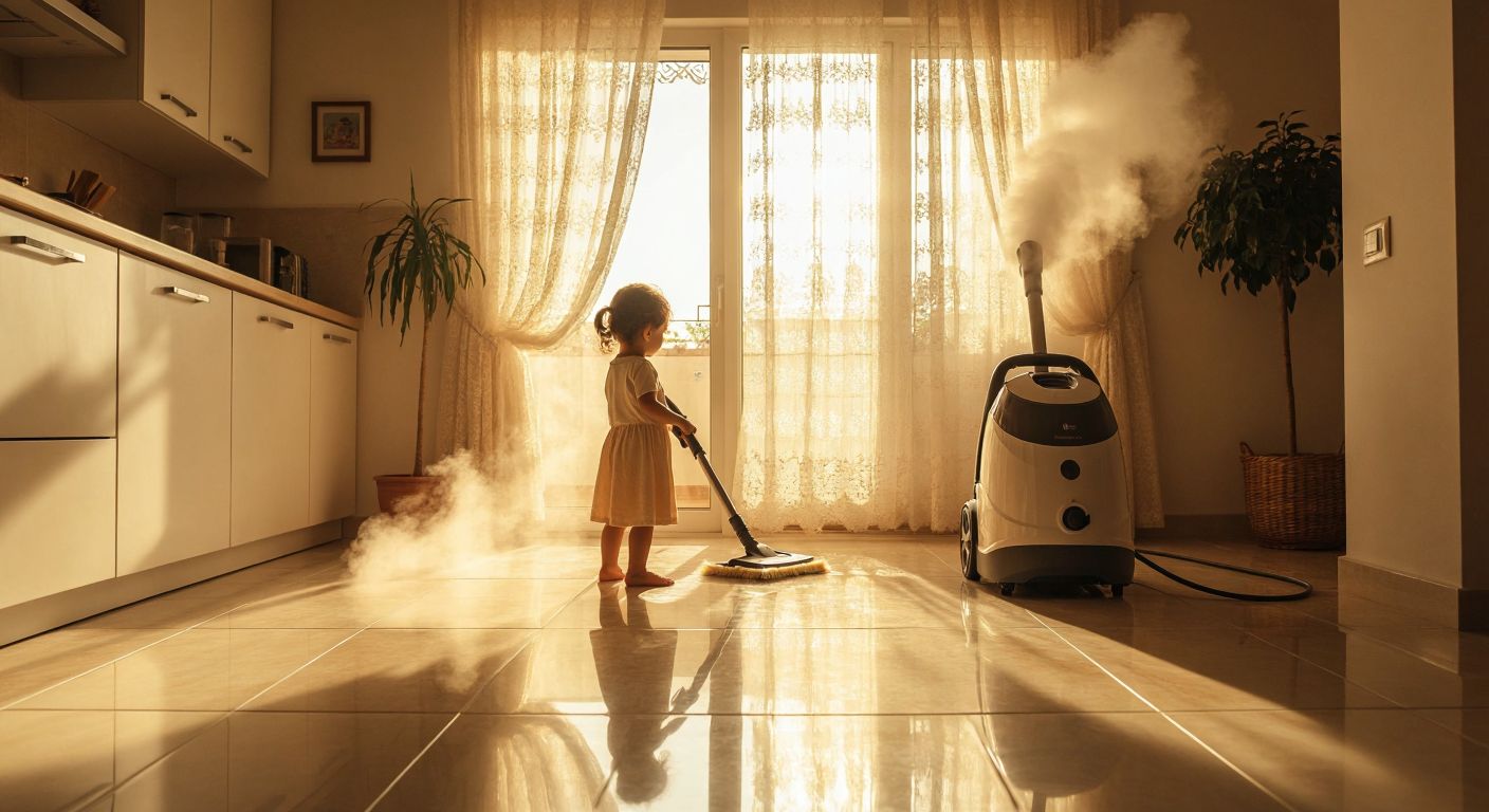 A modern Turkish home scene with a steaming cleaning machine gliding over tiled floors, a child watching curiously nearby, and warm sunlight filtering through lace curtains.