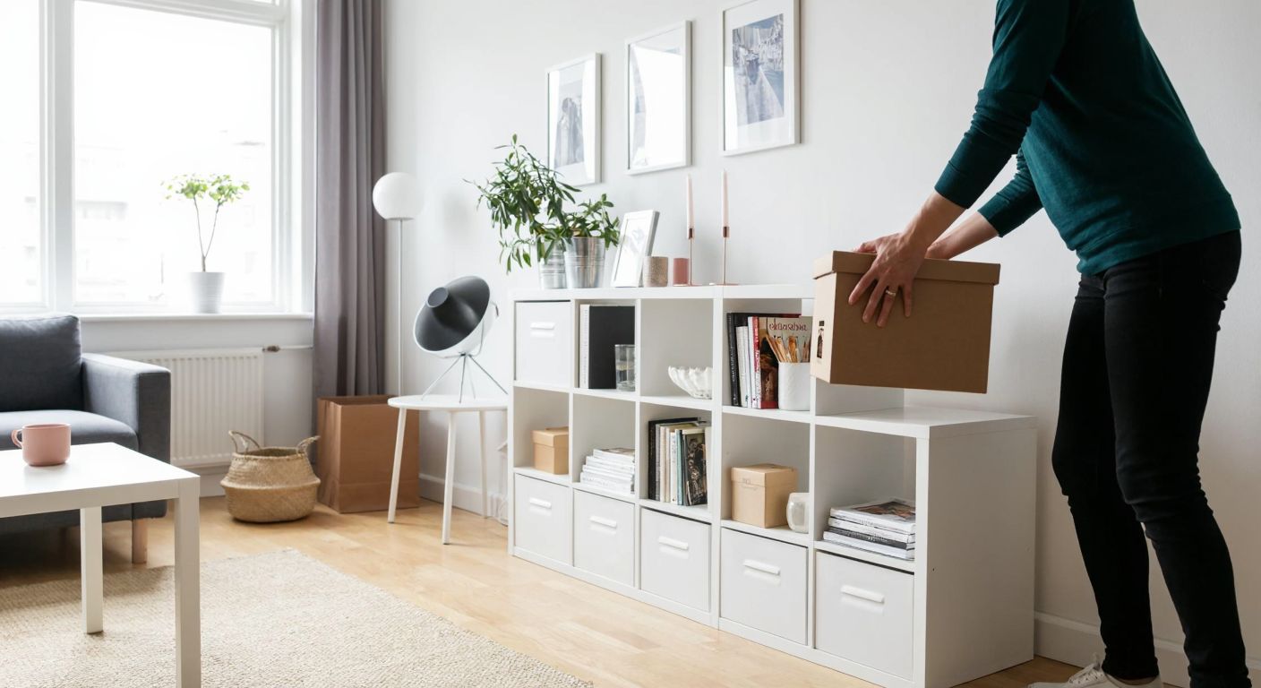 A sturdy IKEA Kallax shelf in a bright, modern living room, neatly filled with books and decorative items, while a person carefully places a heavy box on one of its cubes.