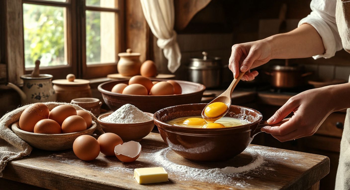 A warm, golden-lit Turkish kitchen with a wooden countertop holding fresh eggs, melted chocolate in a glass bowl, a stick of butter, and a sack of sugar, while a pair of hands mixes the ingredients in a ceramic bowl with a wooden spoon.