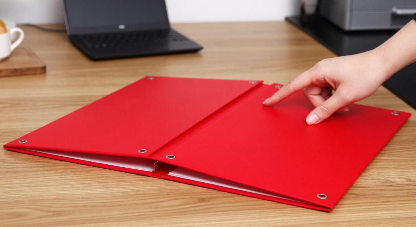 A sturdy red A5 file folder with a full cover, lying open on a wooden desk, showcasing its durable binding and functional punched holes along the edges, while a hand gently presses down to test its firm closure.