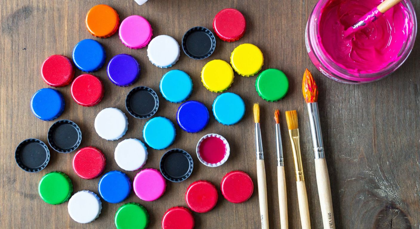 A colorful array of painted soda bottle caps with small magnets glued to their backs, arranged on a rustic wooden table alongside paintbrushes and a jar of vibrant acrylic paints.