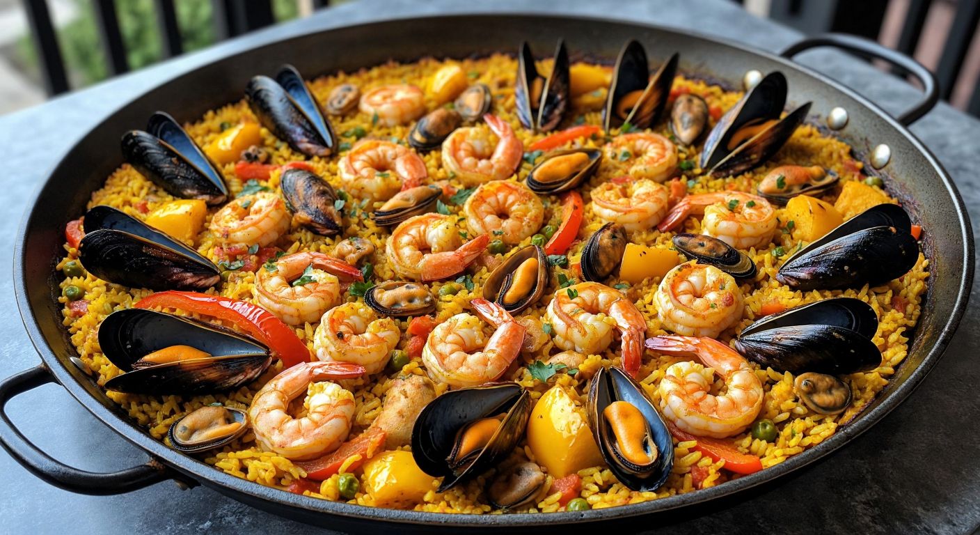 A wide, shallow pan brimming with vibrant yellow paella, studded with plump shrimp, mussels, and calamari, nestled among saffron-infused rice and colorful bell peppers, steaming under a warm Spanish sun.