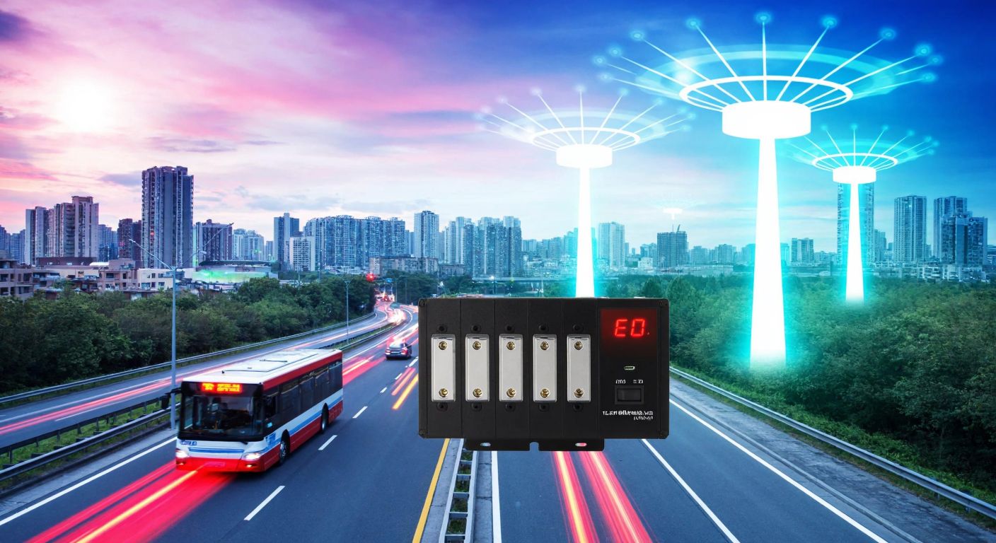 A futuristic cityscape with glowing digital towers symbolizing LTE technology, a sleek temperature control device with multiple relays, and a bus speeding along a highway, all under a vibrant sky.