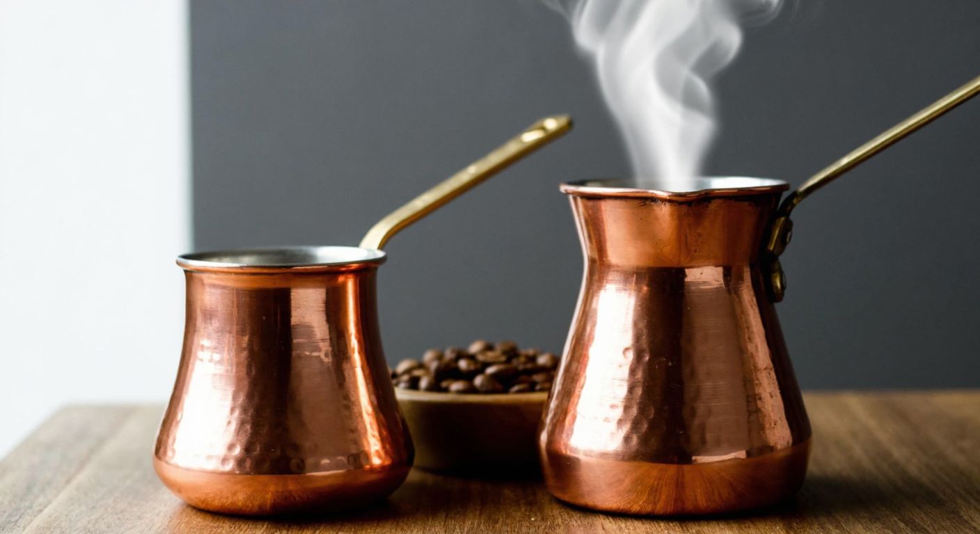 A traditional Turkish copper cezve with a shiny tin lining sits beside an unlined copper cezve on a wooden table, with steam rising from freshly brewed coffee in the background.