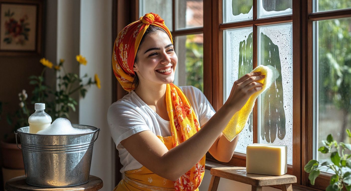 A Turkish woman in a bright headscarf smiles while wiping a sparkling PVC window with a soft cloth, surrounded by a bucket of soapy water, a bottle of white vinegar, and a bar of Arap sabunu on a wooden stool.