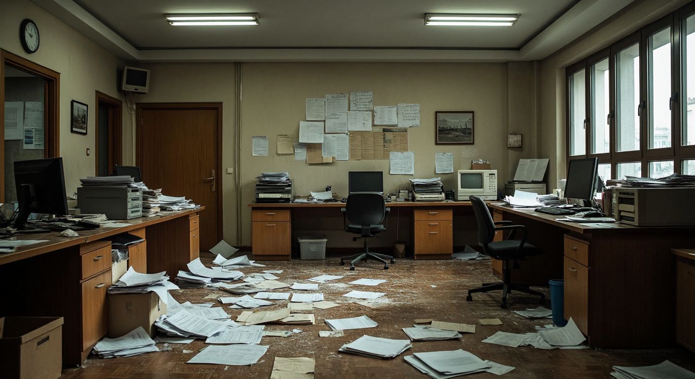 A dimly lit, empty newsroom in Turkey with scattered papers, an unplugged computer, and a lone chair pushed away from a desk, conveying a sense of abrupt closure and economic hardship.