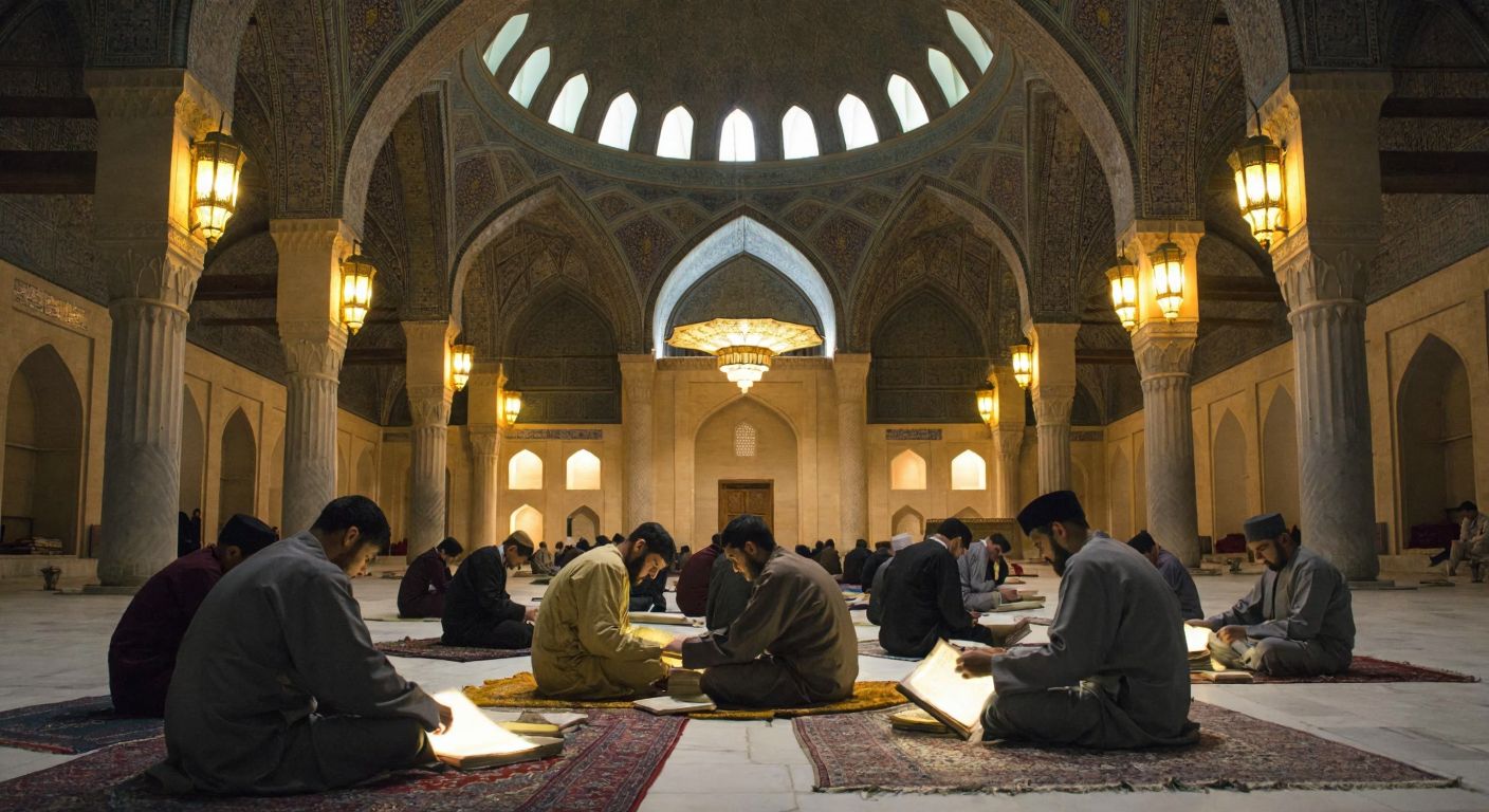 A grand, domed Islamic madrasa in Semerkant with students in traditional robes seated on carpets, intently studying ancient manuscripts under the soft glow of ornate lanterns.