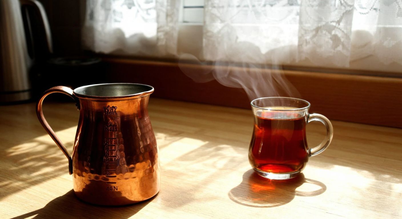 A traditional Turkish copper maşrapa with measurement markings sits on a wooden kitchen counter beside a steaming glass of çay, with sunlight streaming through a lace curtain.