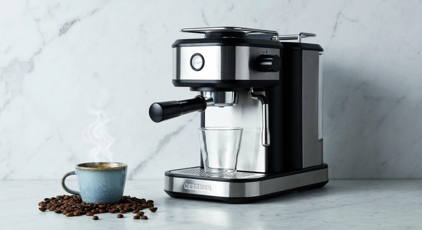 A sleek, modern espresso machine with a polished metal finish sits on a marble countertop, steam rising from its spout, surrounded by freshly brewed coffee in a small ceramic cup and scattered coffee beans.