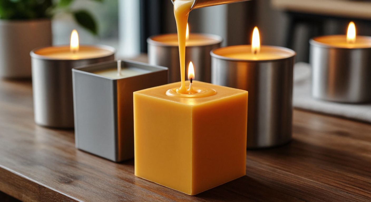A close-up of smooth, cylindrical and cube-shaped metal and plastic candle molds resting on a wooden table, with warm melted wax being poured into one, reflecting a cozy, handmade candle-making atmosphere.