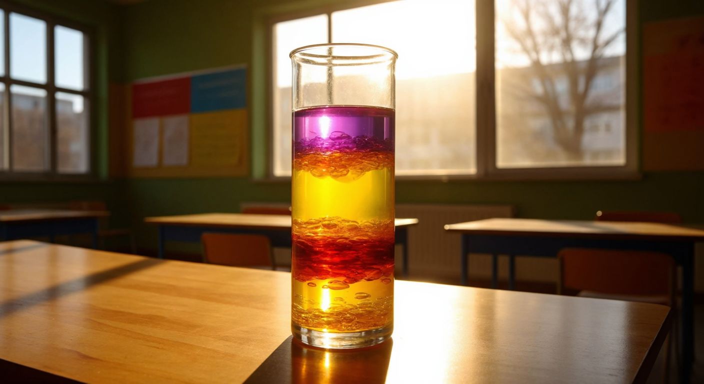 A tall glass cylinder filled with colorful, layered liquids—honey, oil, detergent, and alcohol—each distinct and unmixed, resting on a wooden table in a sunlit Turkish classroom.