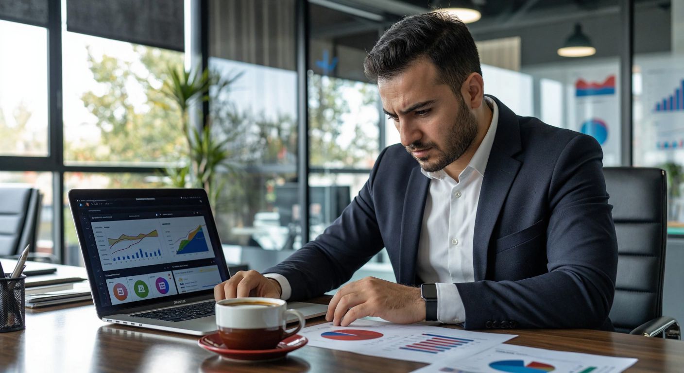A Turkish businessperson in a modern office intensely analyzing a digital marketing dashboard on a laptop, surrounded by colorful charts and graphs, with a cup of Turkish coffee on the desk.