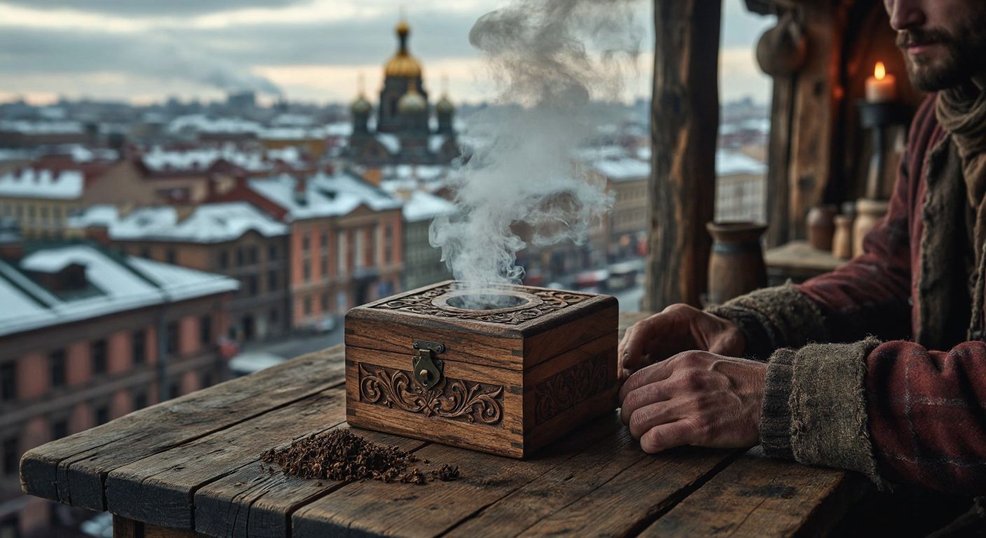 A rustic wooden table in a dimly lit Russian tavern holds a carved wooden box of Satyr tobacco, with a faint wisp of smoke curling above it, surrounded by weathered hands and a backdrop of snow-covered Saint Petersburg rooftops.