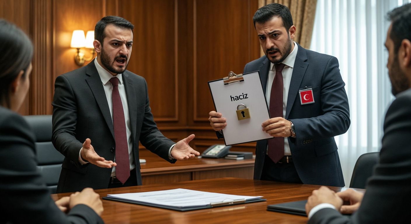 A frustrated Turkish investor in a formal office setting stares at a locked safe symbolizing a blocked MKK account, while a stern official in a suit holds a document labeled "haciz" (seizure) and another investor calmly gestures toward a "yatırımcı talebi" (investor request) form on a wooden desk.