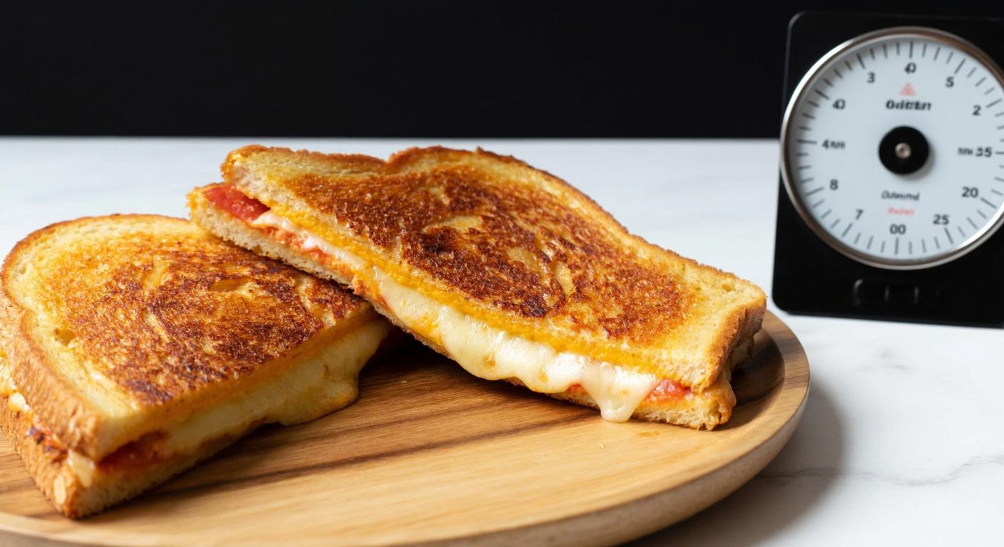A golden-brown, crispy pizza toast cut in half on a wooden plate, with melted cheese stretching between the slices, placed beside a small kitchen scale showing its weight.