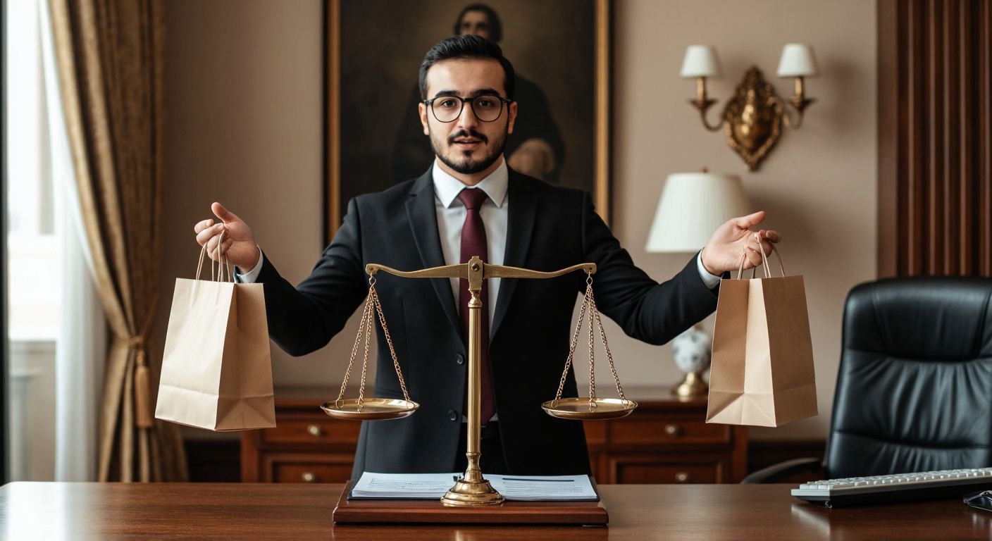 A Turkish accountant in a formal office setting explains tax concepts using a balance scale, with one side holding a shopping bag (indirect taxes) and the other a paycheck (direct taxes).