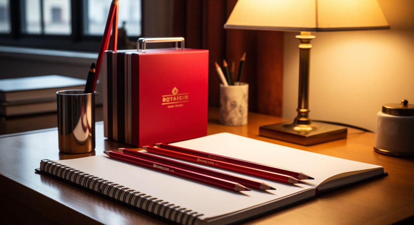 A neatly arranged wooden desk in a Turkish study room, showcasing a sleek black Rotring pencil alongside a vibrant 12-pack of red and metallic pencils and a large 72-pack box, all placed on a notebook with a warm, inviting glow from a nearby lamp.